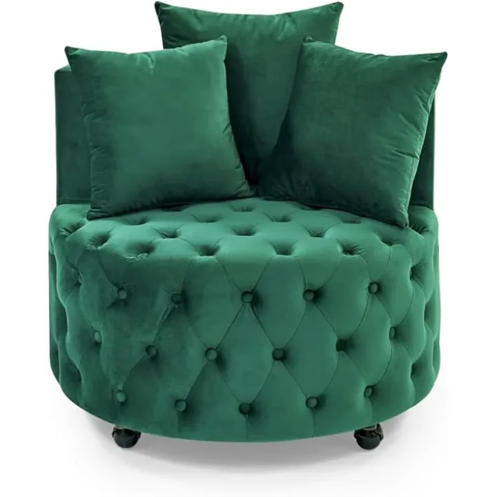 Swivel Barrel Chair, Velvet Accent Barrel Chair with 3 Pillows and 4 Wheels 360 Degree Sofa Chair Modern Button Tufted Upholstered Accent Chair for Living Room, Bedroom, Green