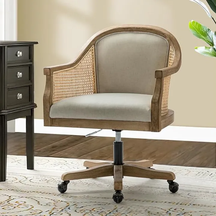 TINA'S HOME Rattan Desk Chair, Upholstered Home Office Chair with Armrest, Adjustable Swivel Rolling Height Computer Task Chair for Living Room Bedroom Study Room, Linen