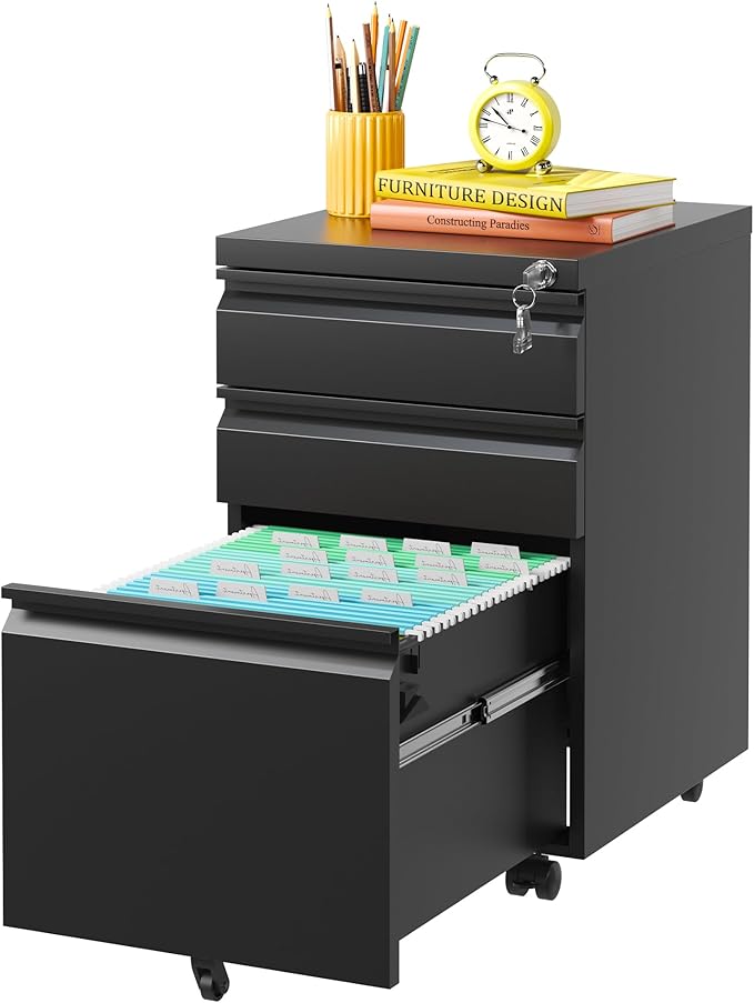 3 Drawer Mobile File Cabinet, Black Metal Under Desk Filing Cabinets with Wheels, Locking Slim Vertical File Cabinets for Home Office, Fully Assembled, fits Letter/Legal/A4 Size Folder (Black)