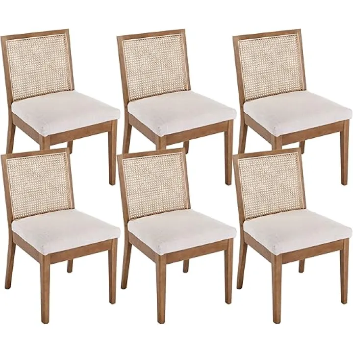 VESCASA Upholstered Dining Chairs with Square Rattan Back, Armless Padded Sherpa Fleece Cushion Dining Chairs with Wood Legs for Dining Room, Kitchen, Set of 6, Black Frame