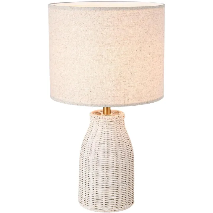 KUNJOULAM Rattan Table Lamp, Modern Wicker Desk Lamp with Linen Fabric Lampshade, 19.6" Weave Nightstand Light, Bedside Lamp for Bedroom Living Room Home Office Decor