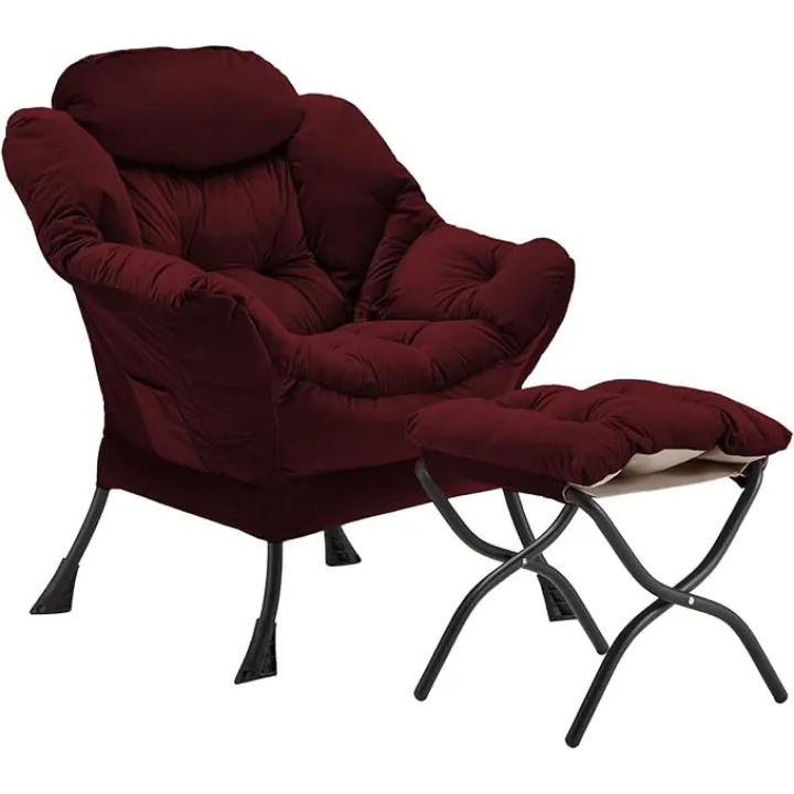 Lazy Chair with Folding Ottoman, Accent Chair Velvet Upholstered with Metal Structure and Non-Slip Pads, Sofa Armchair with Footrest and Side Storage Bag for Dorm, Room, Office, Burgundy