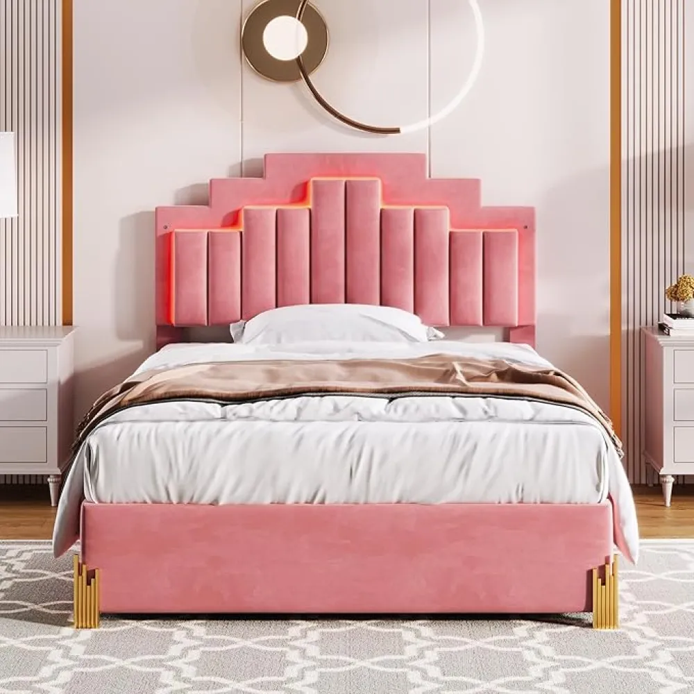 Upholstered Full Size Bed with 4 Storage Drawers and LED Lights, Modern Full Platform Bed with Headboard and Slat Supports, Stylish Irregular Metal Bed Legs Design, Pink