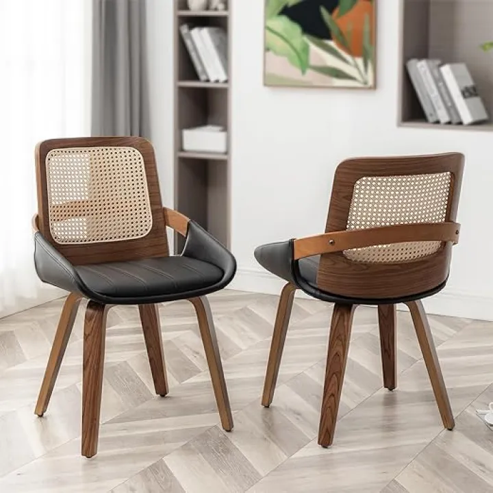 Set of 2 Black Rattan Dining Chair - Mid Century Modern Dining Chair with Ergonomic Cane Back, Bentwood Frame, Faux Leather Seat, Arms, Walnut Dining Chairs for Living Room/Kitchen (Walnut Black)