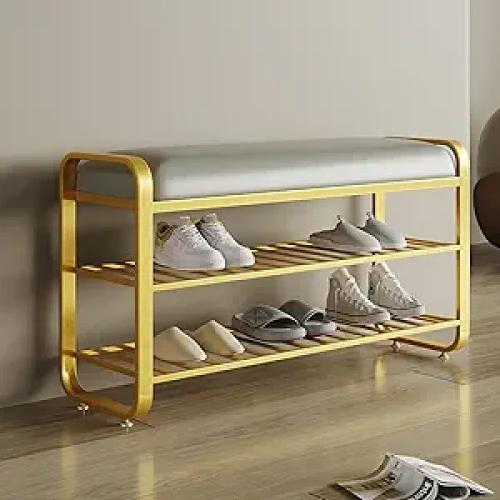 Shoe Bench,Entryway 3-Tier Metal Shoe Organizer with Cushion,Modern Shoe Rack Bench,upholstered Shoe Storage Bench for entryway Hallway Front Door (Golden, 31.5 * 12.5 * 20.4,), hxd02