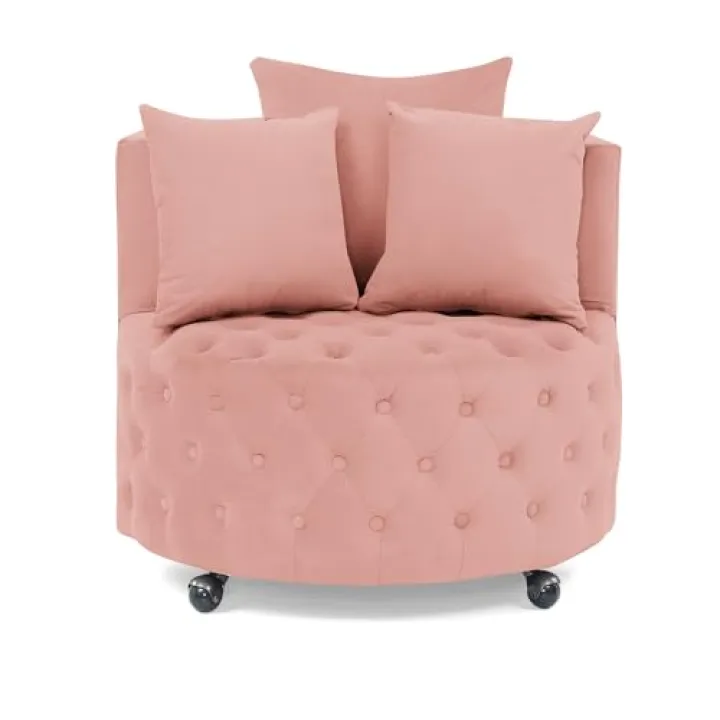 Swivel Barrel Chair, Velvet Accent Barrel Chair with 3 Pillows and 4 Wheels 360 Degree Sofa Chair Modern Button Tufted Upholstered Accent Chair for Living Room, Bedroom, Pink