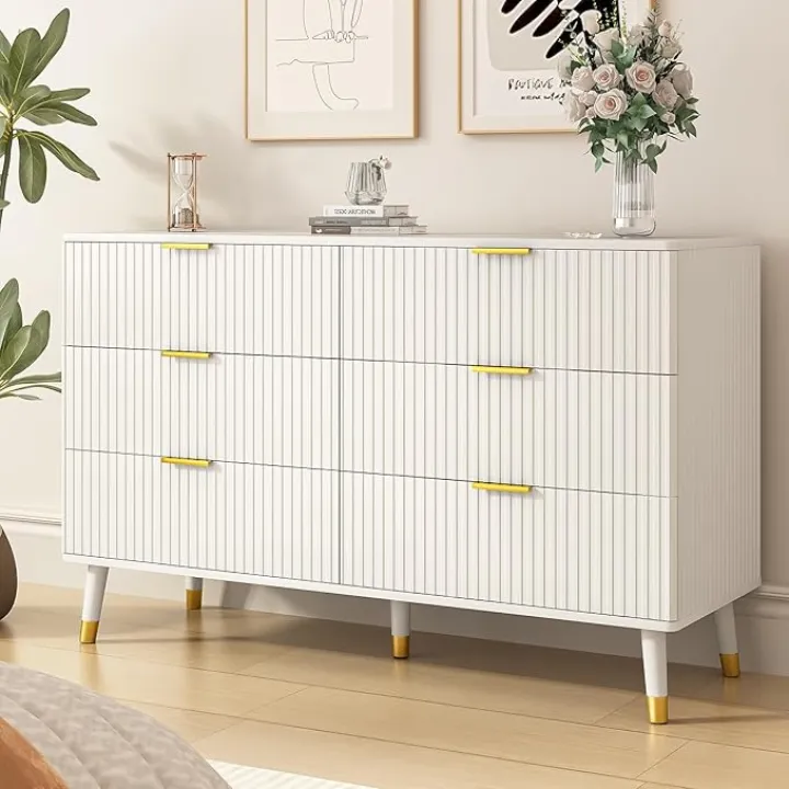 White Dresser for Bedroom, Fluted 6 Drawer Dresser with Gold Metal Handles, Modern Chest of Drawers for Living Room, Bedroom, White