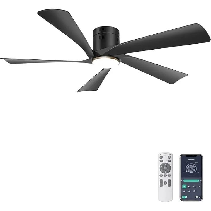 Ohniyou 52” Low Profile Ceiling Fan with Lights, Remote & APP Control Modern Flush Mount Indoor Outdoor Ceiling Fans, Dimmable, Silent DC Motor, Reversible, Black