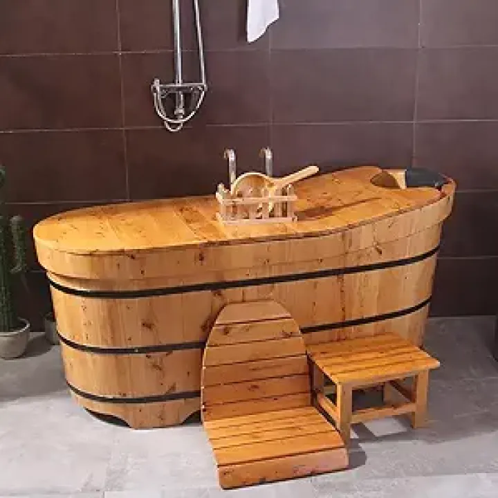 Free Standing Wooden Bathtub Lit, Japanese Style Solid Wood Soaking Tub with Foldable Wooden Thermal Lid, Mobile Spa Deep Soaking Tub Alone Stand, Classic Oriental Bathtub,150cm/59.05"