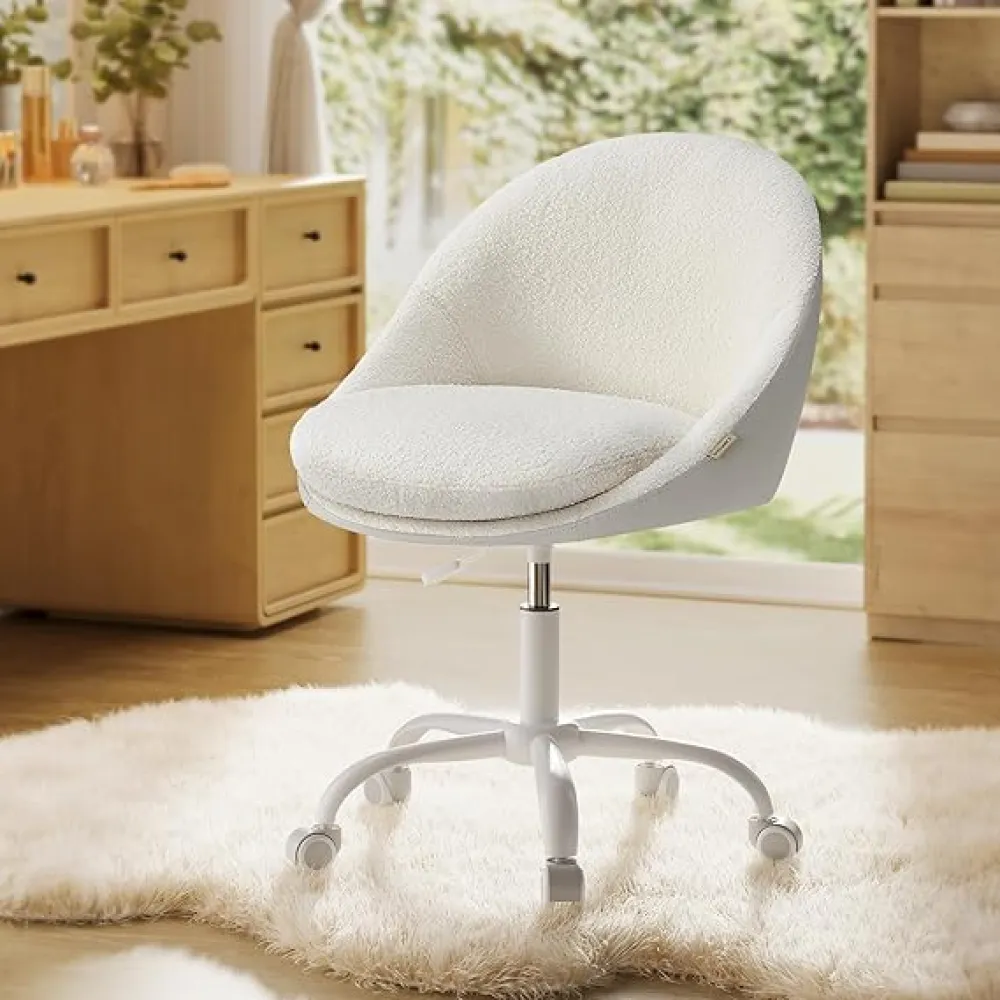 VASAGLE Vanity Chair with Back, Adjustable Swivel Cute Desk Chair with Wheels, Sherpa and PU Leather for Lumbar Support, Compact for Small Spaces, Bedroom, Cappuccino Beige and Cloud White UOBG020W91