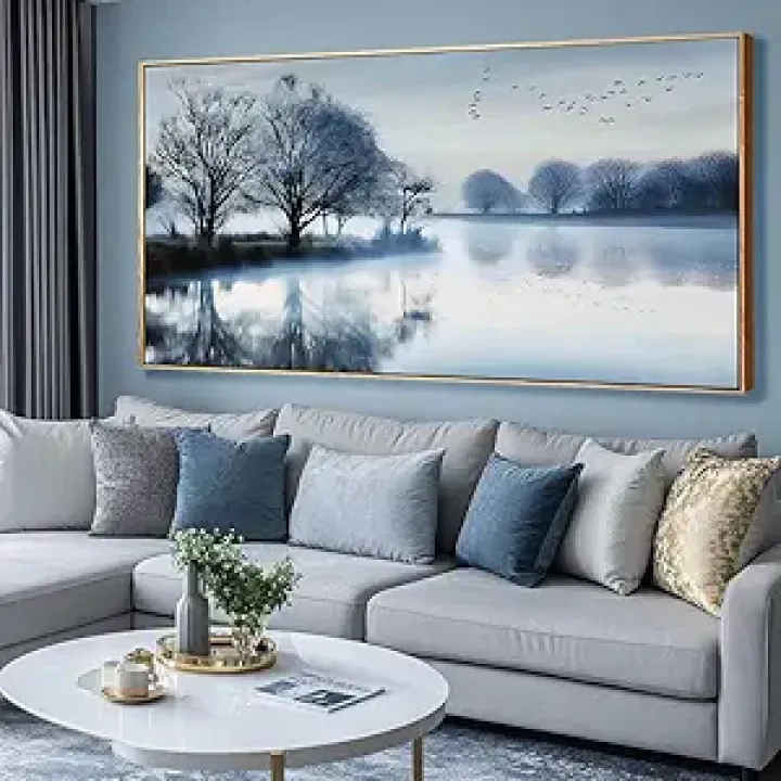 Navy Blue Wall Art Large Wall Decor Canvas Framed Pictures Tree Poster Artwork Water Nature Wall Art Wall Paintings for Living Room Bedroom 29”x58”