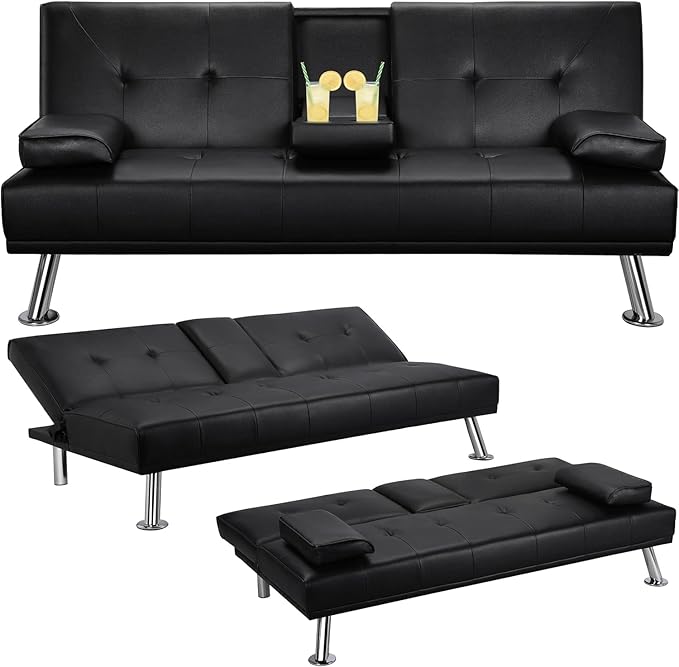 Convertible Folding Futon Sofa Bed with Metal Legs & 2 Cupholders, Modern New Upholstered Couch Loveseat Sleeper, Folding Couches Bed, Removable Armrests for Small Spaces (Black)