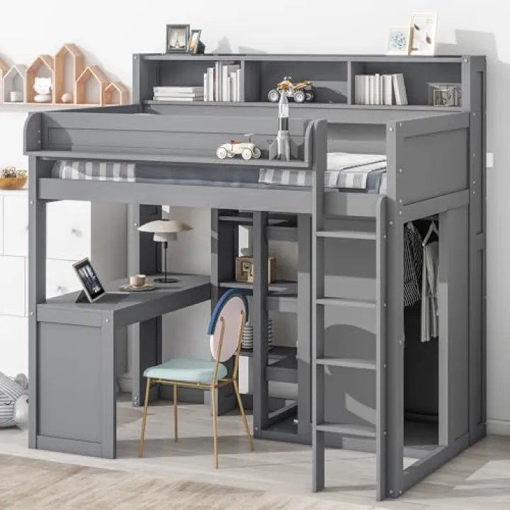 Twin Loft Bed with Storage Shelves and Under-Bed Desk, Wooden Bed Frames with Wardrobe and 3 Cabinets, Gray