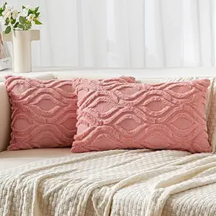 MIULEE Coral Red Throw Pillow Covers 12x20 Inch, Soft Winter Plush Faux Wool Couch Pillow Covers Set of 2 Decorative Farmhouse Boho Throw Pillows for Sofa Living Room Bed