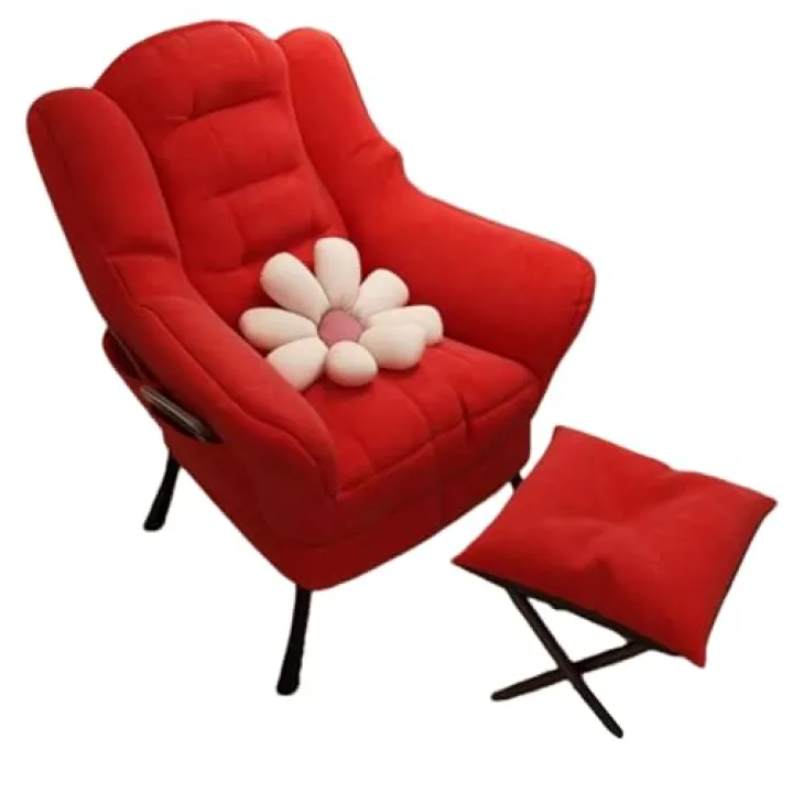MMOU Poltrona Camera da Letto Moderna con Poggiapiedi Sedia Imbottita in Finto Camoscio Poltroncina Camera da Letto Relax Poltrona con Braccioli Sedia (Color : Red, Size : Chair+stool)