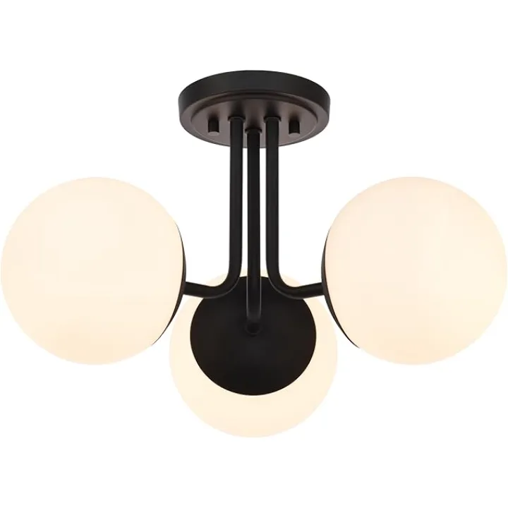 3 Light Semi Flush Mount Ceiling Light Fixture, Modern Globe Chandelier, Sputnik Farmhouse Lighting for Kitchen Bedroom Bathroom Living Room Corridor Laundry Room Bar (Matte Black)