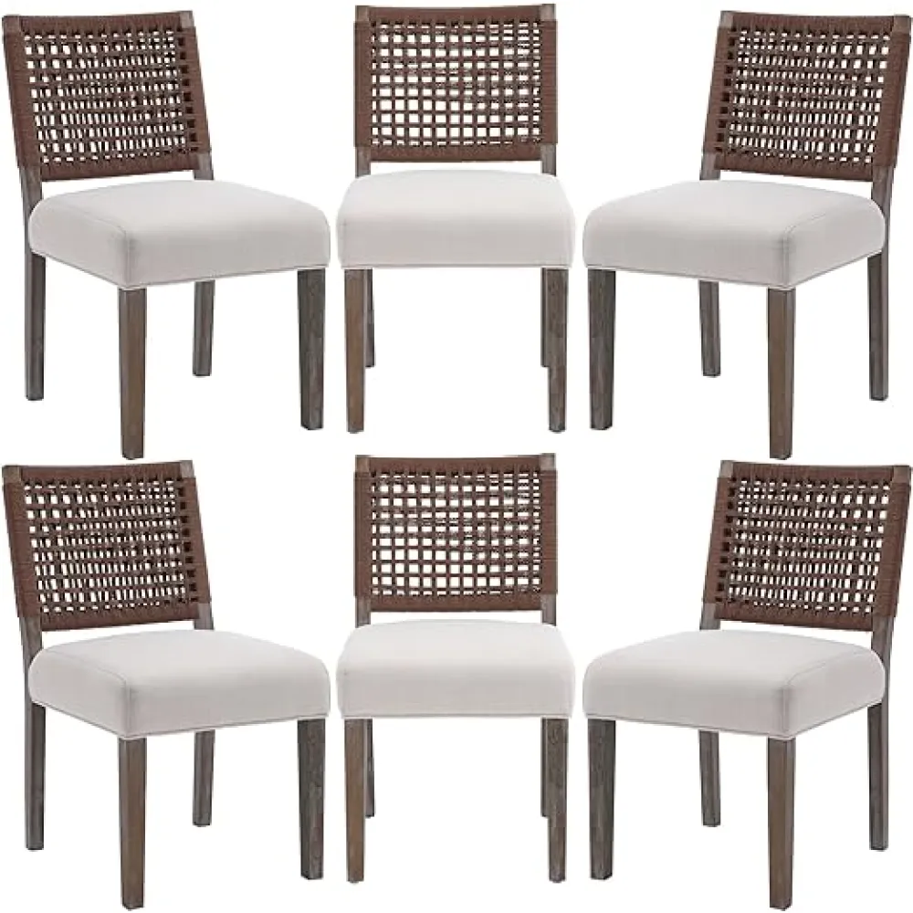 Farmhouse Dining Chairs Set of 6 Linen Fabric Upholstered Accent Side Chair, Mid Century Modern Kitchen & Dining Room Chairs with Woven Rope Back for Home, Living Room, Bedroom - Beige