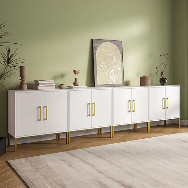 JOZZBY Set of 4 Storage Cabinet, Sideboard Buffet Storage, Modern Living Room Cabinet, White Side Cabinets for Bedroom, Kitchen, and Hallway