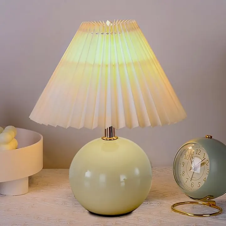 Bedside Table Lamp for Bedroom, Cute Small Pleated Lamps for Nightstand, Modern Circular Ceramic Night stand Lamps, Night Light, Decor Desk Lamp for Living Room Kids Room Dorm Office With E26 LED Bulb