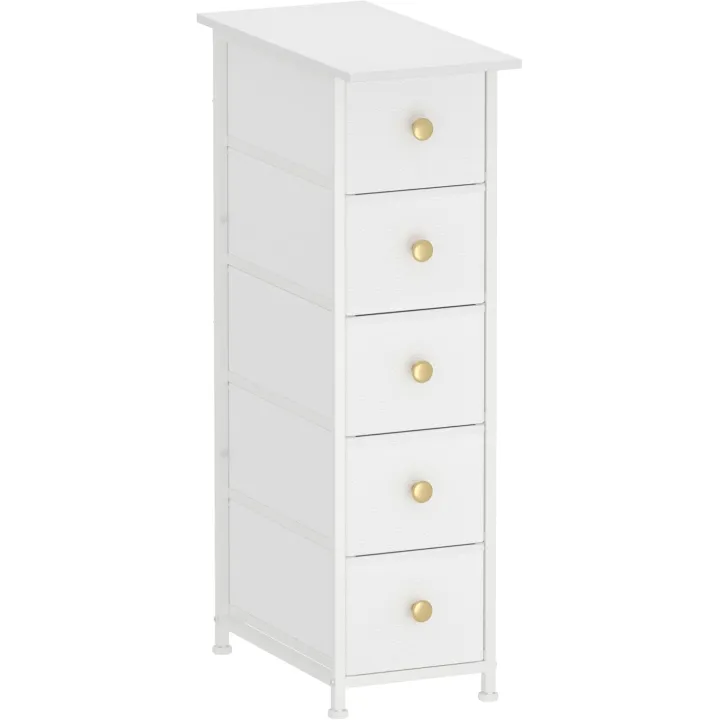 GiftGo Narrow Dresser Cabinet Vertical Slim Dresser Chest of Drawers Skinny Storage Tower for Small Spaces Gaps Closet Bedroom Bathroom Small Fabric Drawer Unit (White, 5 Drawers)