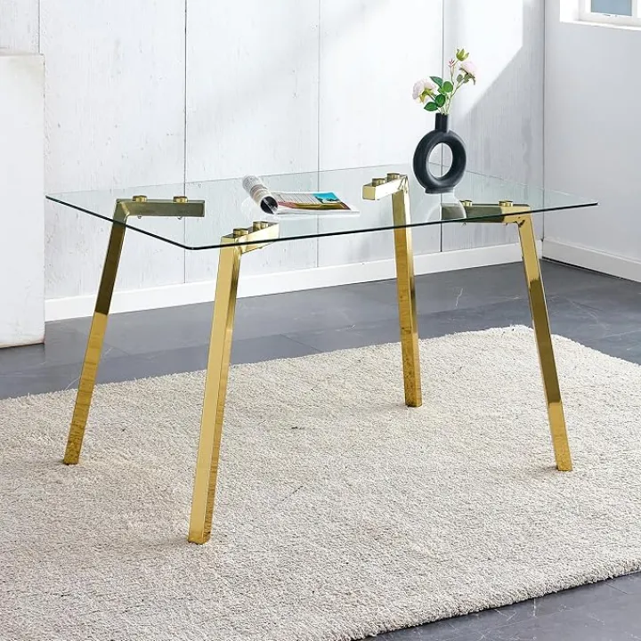 51" Modern Dining Table for 4, Rectangle Glass Kitchen Table with 0.39" Tempered Glass Tabletop and Gold Metal Legs, Elegant Dinner Table for Home, Kitchen, Dining Room,51" Lx31 x30 H,Gold