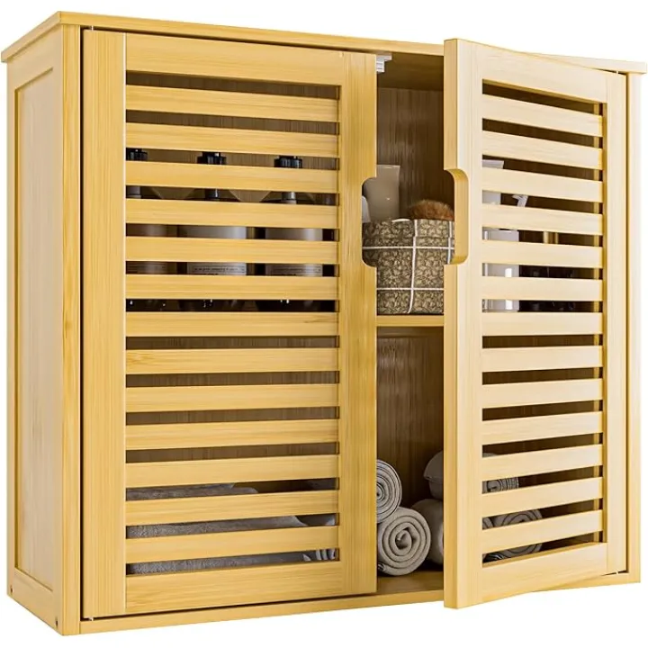 HITNET Bathroom Wall Cabinet, Medicine Cabinet Over The Toilet, Bamboo Hanging Storage Organizer with 2 Doors and Adjustable Shelf for Kitchen, Living Room, Natural
