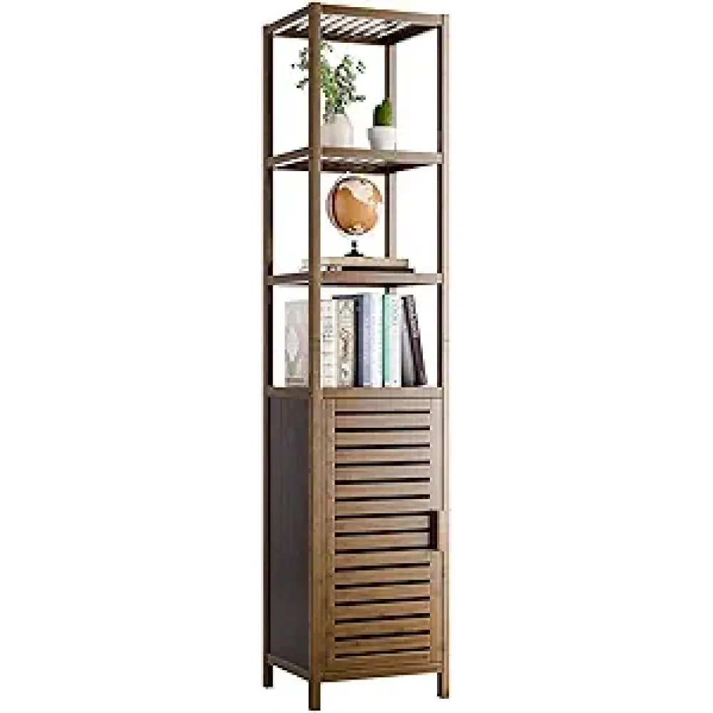 HITNET Bathroom Cabinet, Bamboo Floor Cabinet Freestanding Narrow Storage Unit with Removable Shelves, 6 Tier Tall Cabinet, Walnut
