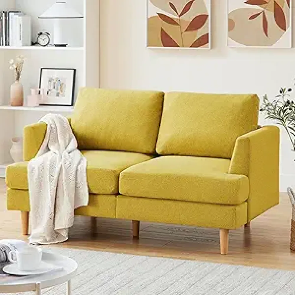 Loveseat - Mid Century Modern 65" Sofa, 2-Seat Upholstered Couch for Small Spaces, Yellow