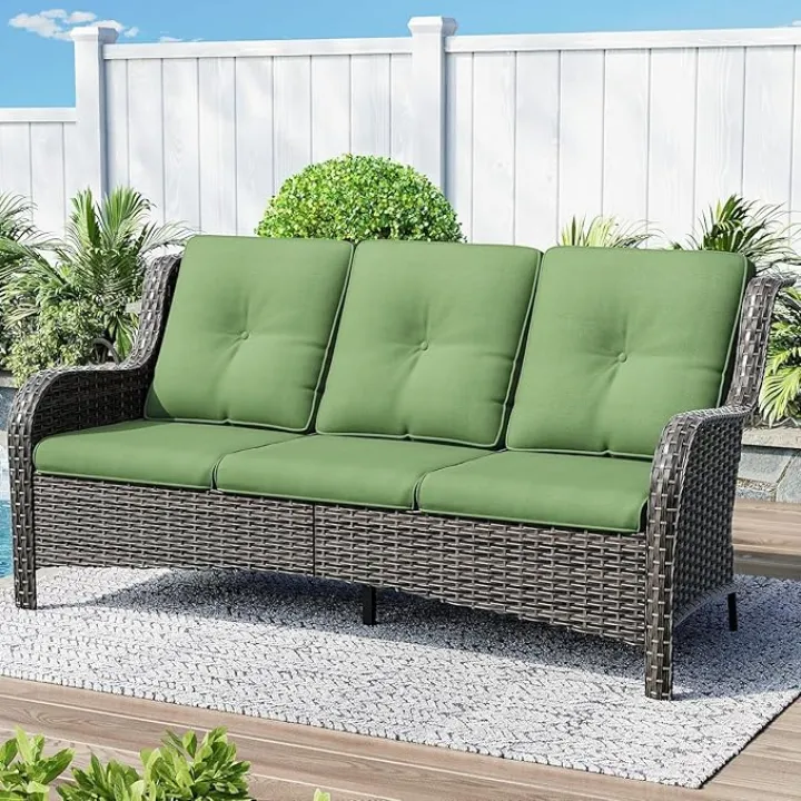 3-Seat Couch Wicker Patio Sofa Outdoors - Deep Seating and Soft Cushions, for Porch Deck Balcony, Hand-Woven Mixed Rattan, Green