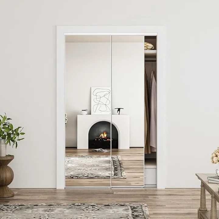 Sliding Closet Door 48” x 80”(Double 24”), Mirrored Panel Sliding Door with Aluminum Frame, Hardware Include, Mirror Interior Doors