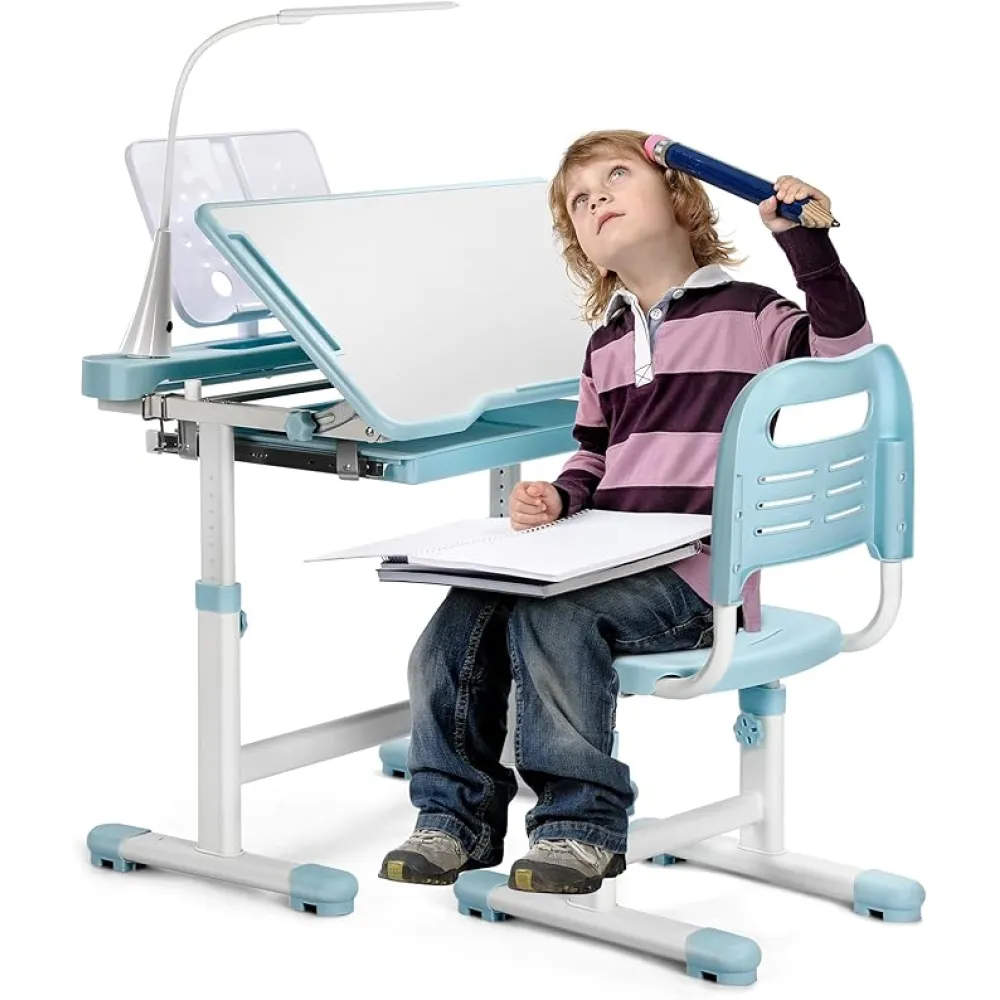 Rengue Kids Desk and Chair Set Height Adjustable School Study Desk and Chair with 55° Tiltable Desktop, 3 Modes &3 Brightness LED Lamps, Storage Drawer and Metal Hook for Boys Girls Gifts (Blue)