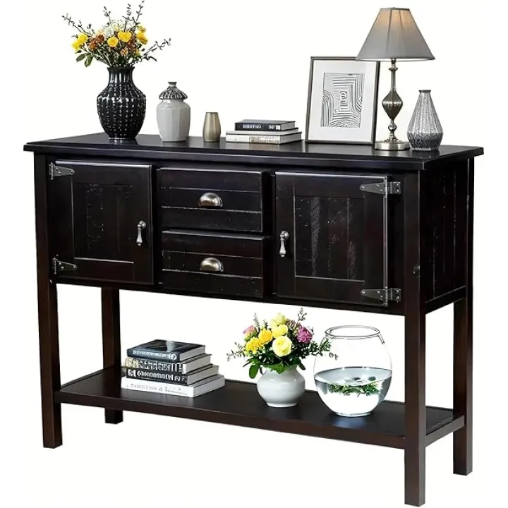 Farmhouse Sideboard Buffet Cabinet,Solid Wood Sideboard with Storage Drawers and Bottom Shelf, Buffet Cabinet Coffee Bar for Entryway Hallway Foyer,Fully Assembled (48" Espresso)