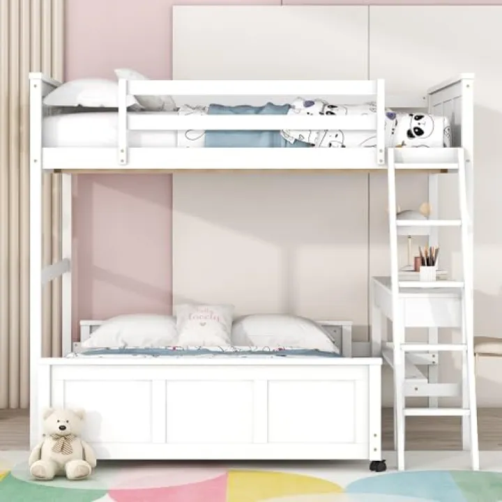 SOFTSEA Full Over Full Bunk Bed Frame, Wooden Bunk Bed with Desk and Drawers, Bunk Bed Frame with Guardrails for Kids, Teens and Adults, No Box Spring Needed, Noise Free, White