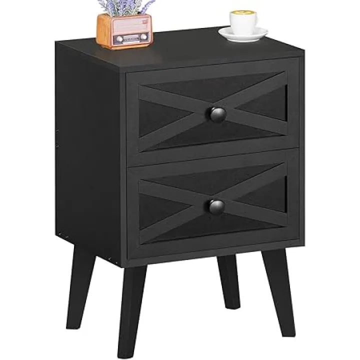 Lerliuo Nightstand, Black End Table with 2 Drawers Barn Door Decorated, Mid Century Modern Night Stand, Bed Side Table with Storage, Solid Wood Legs Cabinet Dresser for Living Room, Bedroom, Dorm