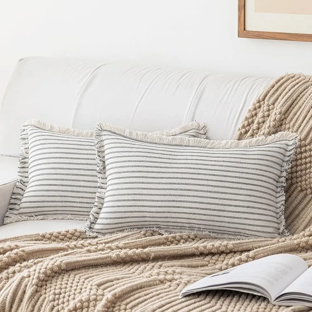 Striped Farmhouse Throw Pillow Covers 12X20 Set of 2 Boho Pillow Cover with Fringe Tassel Chic Cotton Decorative Pillows Modern Neutral Lumbar Cushion Pillowcase for Sofa Couch Bed, Grey