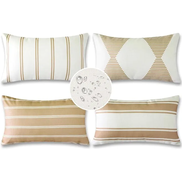 OTOSTAR Outdoor Decorative Pillow Covers Waterproof Garden Throw Pillow Covers 12x20 Inch Cushion Case Geometry Throw Pillowcases Pillows Shell for Patio Furniture Couch Tent Pack of 4 (Light Coffee)