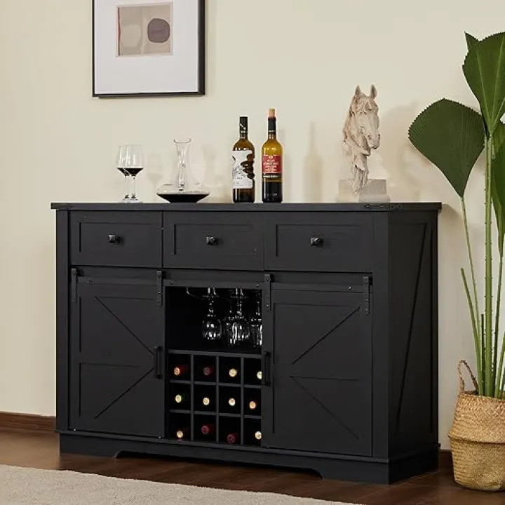 Real Relax Farmhouse Buffet Cabinet, Sideboard Wine Cabinet with Storage Shelves, Drawers, Sliding Barn Door for Kitchen, Dining Room, 54 Inch Black