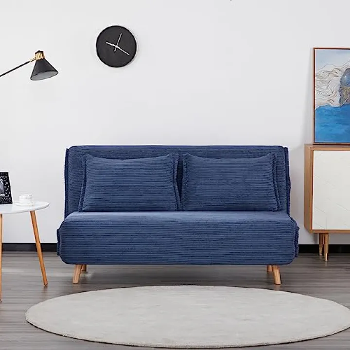 EVERGREENWEB Divano Letto Trasformabile in Letto Matrimoniale 160x190 con Materasso e Coppia Cuscini Imbottiti, Divanetto Clic Clac con Schienale Regolabile 3 Posti con Gambe in Legno, Blu | VELVET