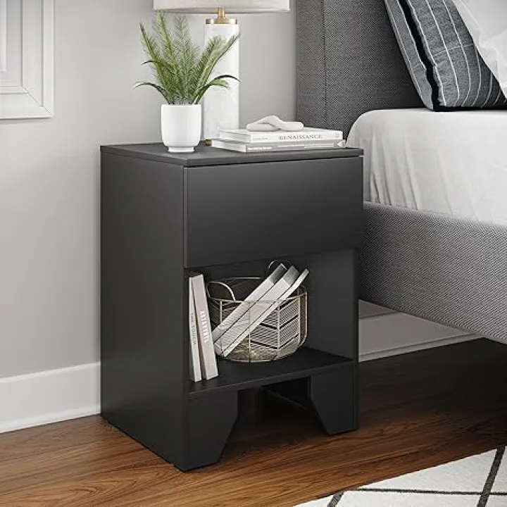 Boyd Sleep Anzio Black Nightstand with Smooth Glide Drawer - Contemporary Storage Solution, Open Shelf, Sturdy Construction, Easy Pull Handle, Bedroom Side Table, Black