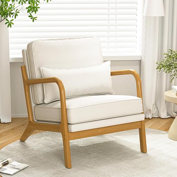 Modern Accent Chair with Cushion, Mid-Century Single Reading Low Armchair Upholstered in Linen Fabric with Solid Wood Frame for Living Room, Bedroom, Lounge, Balcony, Office (Beige)