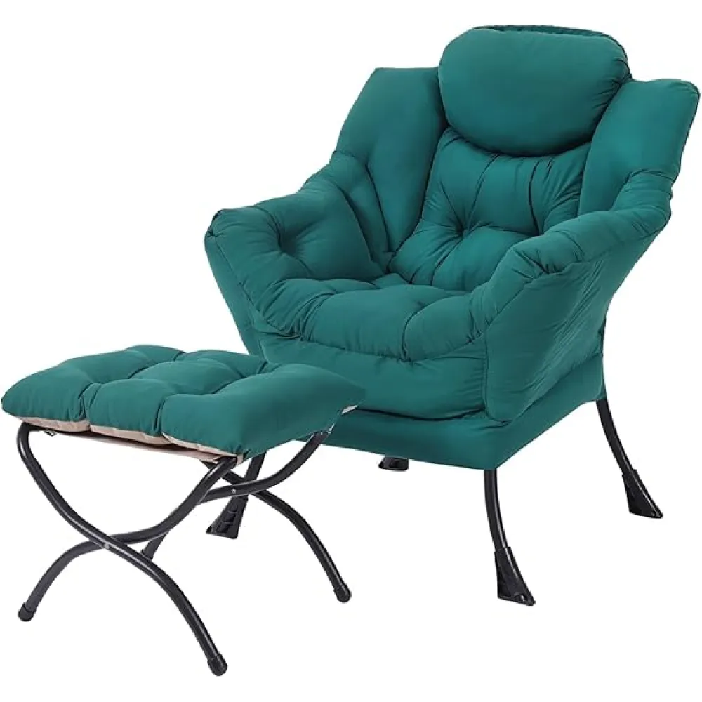 Lazy Chair with Folding Ottoman, Modern Accent Lounge Armchair with Armrests and a Side Pocket & Foldable Footstool, Leisure Reading Chair for Living Room, Bedroom, Dorm & Office, Dark Green