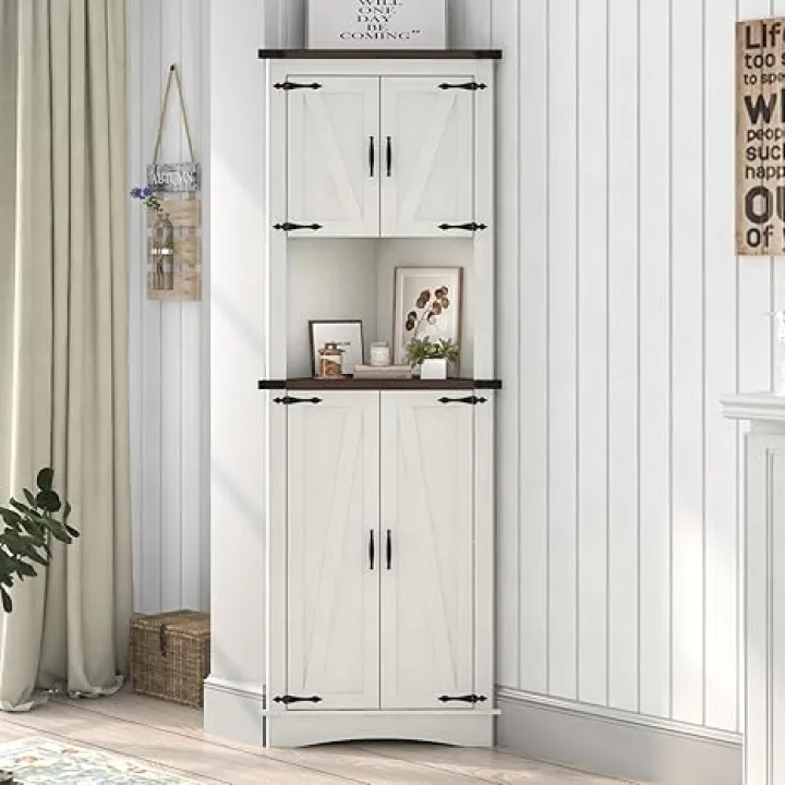 68" Tall Farmhouse Corner Cabinet, 5-Tier Storage Cabinet with 4 Barn Doors & Adjustable Shelves, Bathroom Cabinets with Storage for Living Room, Kitchen, Bathroom, Rustic White