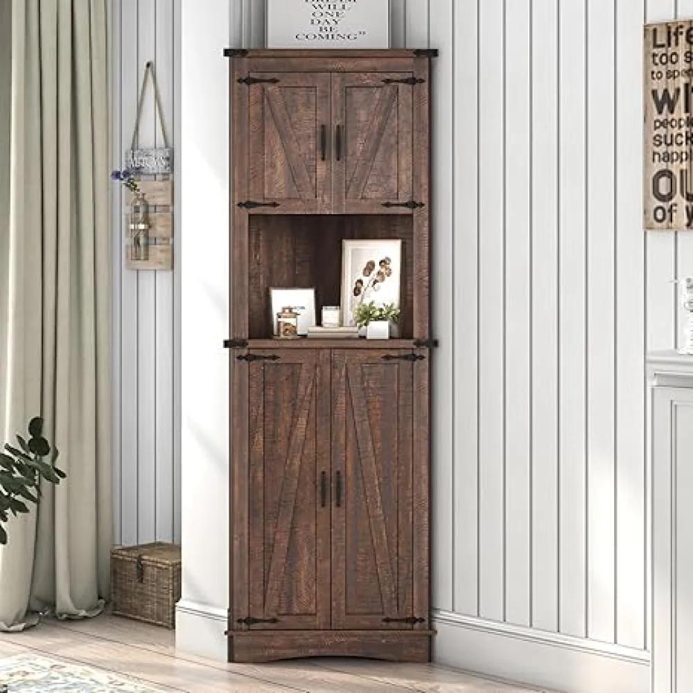 68" Tall Farmhouse Corner Cabinet, 5-Tier Storage Cabinet with 4 Barn Doors & Adjustable Shelves, Bathroom Cabinets with Storage for Living Room, Kitchen, Bathroom, Brown