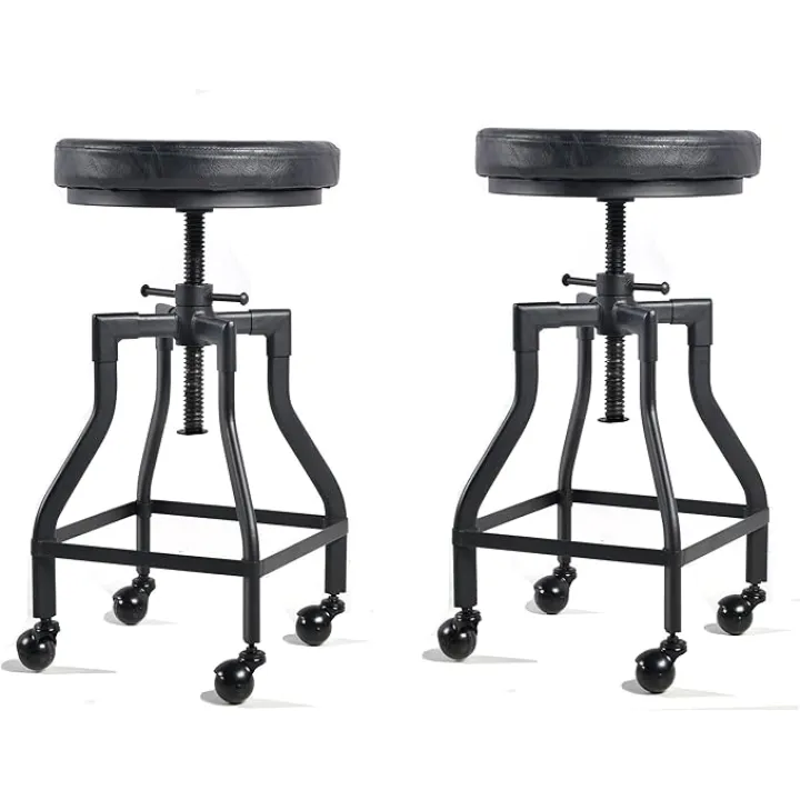LOKKHAN Rolling Stool with Wheels, 19"-23" Counter Height Adjustable Swivel Round PU Leather Metal Dining Breakfast Bar Stools, (Heavy Duty,Welding,Vintage Industrial,Black)