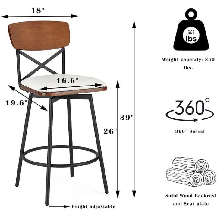 Swivel Counter Height Bar Stools Set of 2, Upholstered Barstools with Back for Kitchen Island, 26" Seat Height, Solid Wood Frame & Metal, Faux Leather Sand Grey