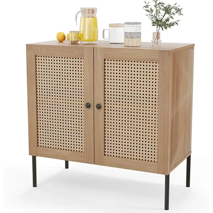 COSTWAY Rattan Storage Cabinet, Sideboard Buffet Cabinet w/ 3-Position Adjustable Shelf, Metal Legs, Accent Cabinet, Buffet Table for Hallway, Entryway, Living Room (1, Oak)