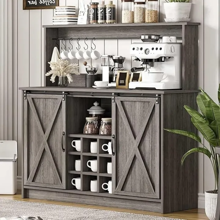 4ever2buy Farmhouse Coffee Bar with 6 Hooks, 47” Coffee Bar Cabinet Table with 9 Wine Racks and Adjustable Shelves, Kitchen Buffet and Liquor Cabinet for Dining Living Room, Grey