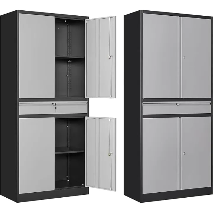 Metal Garage Storage Cabinet, 71" Lockable Storage Cabinet with 2 Adjustable Shelves and 1 Drawer for Garage, Utility Room, Warehouse (Black Grey)