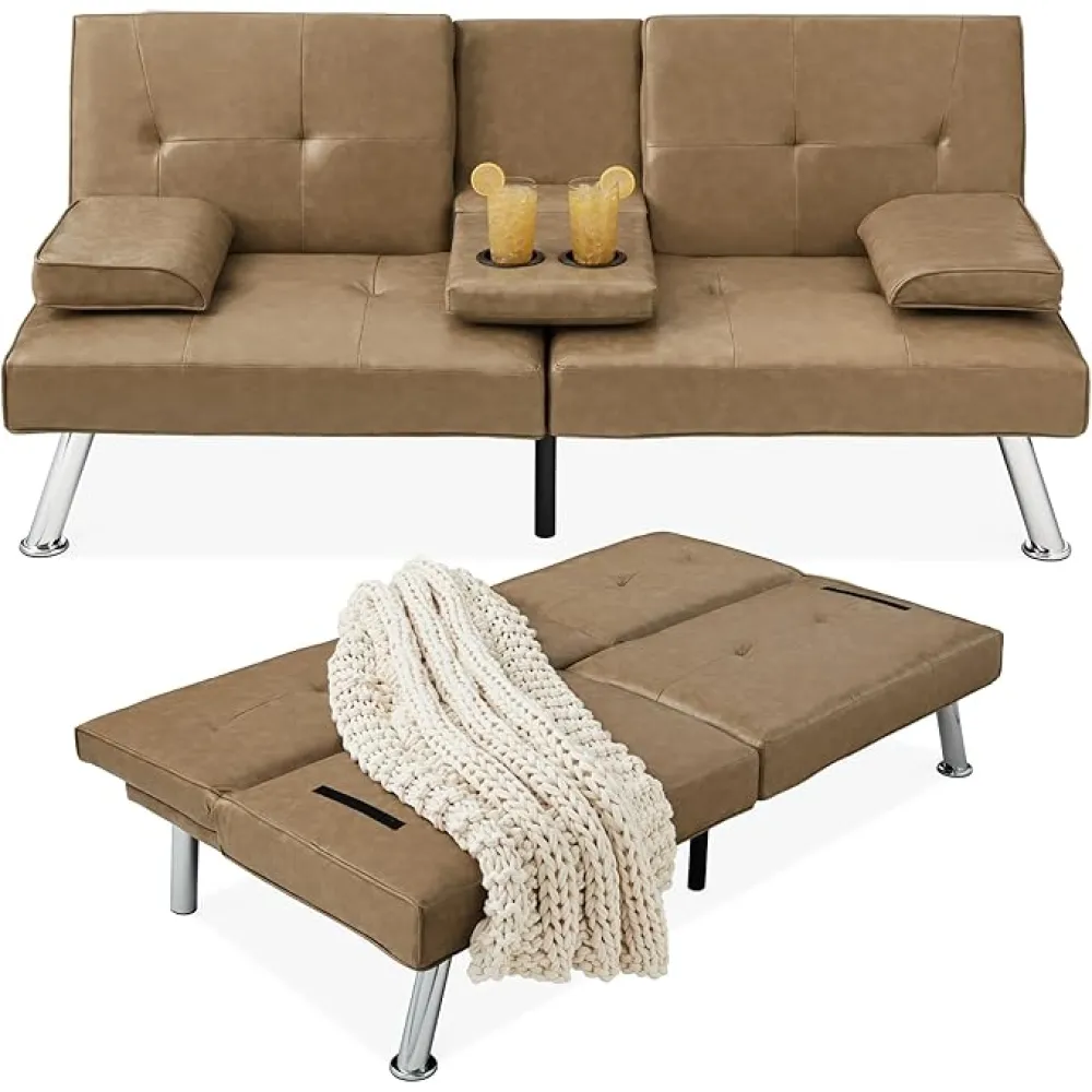 Best Choice Products Faux Leather Upholstered Modern Convertible Futon, Adjustable Folding Sofa Bed, Guest Bed w/Removable Armrests - Taupe