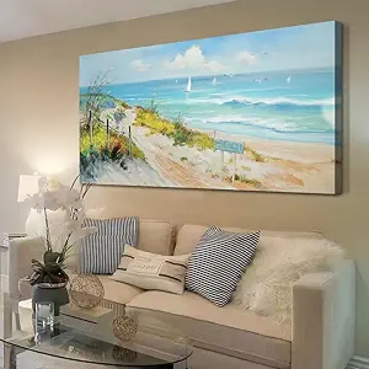 Arjun Ocean Wall Art Canvas Coastal Beach Painting Blue Landscape Sunset Picture, Modern Turquoise Panoramic Sailboat Textured Large Artwork Framed for Living Room Bedroom Bathroom Wall Decor, 40"x20"